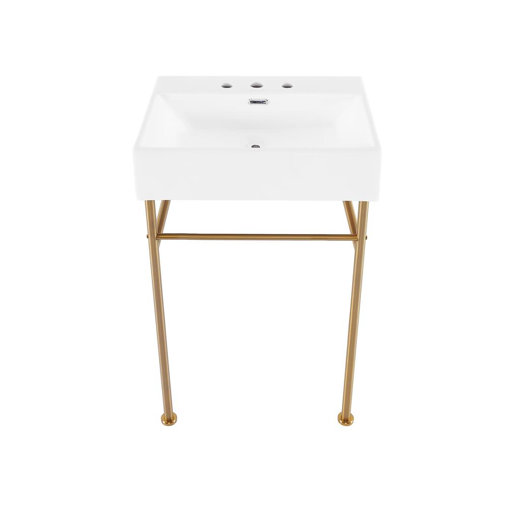 Claire 24" Console Sink White Basin Brushed Gold Legs with 8" Widespread Holes. Picture 1