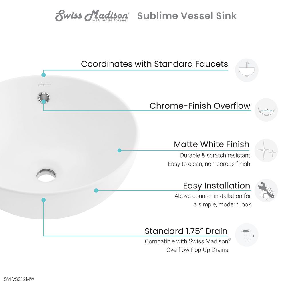 Sublime 17” Round Vessel Sink in Matte White. Picture 8