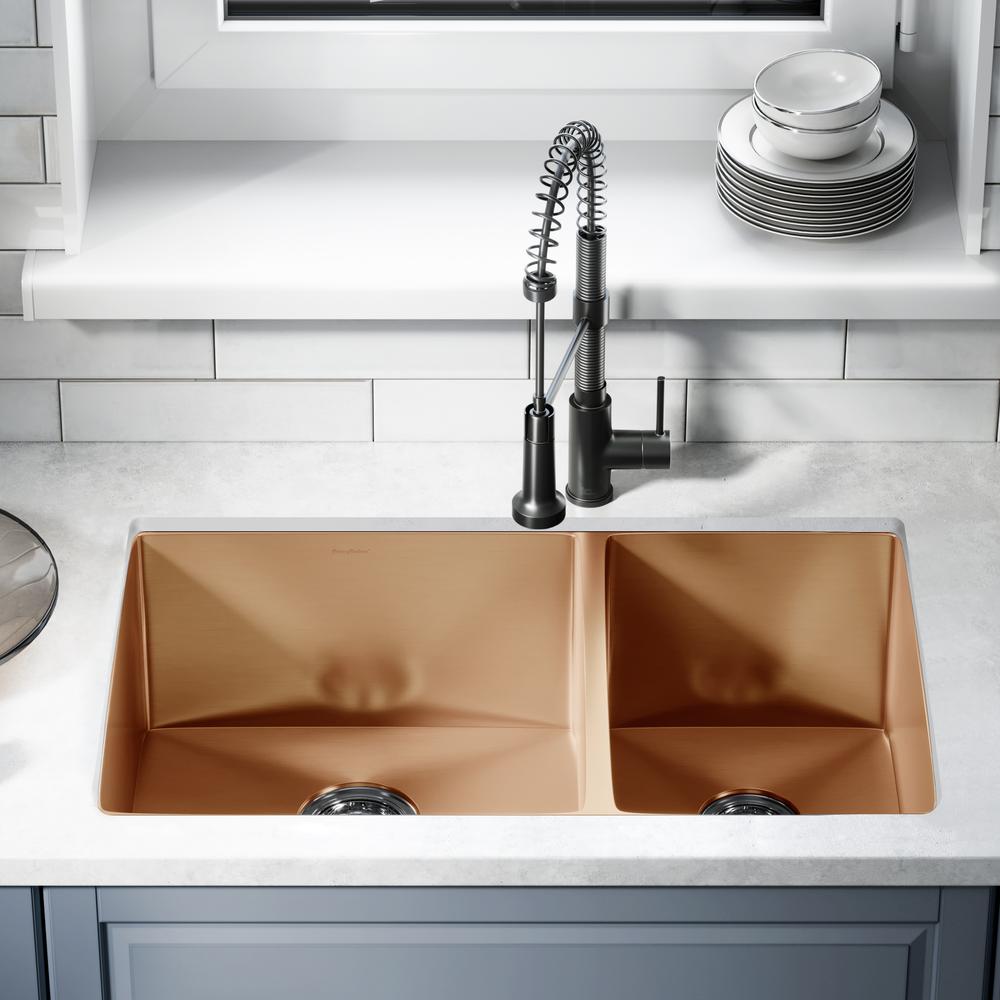 Stainless Steel, Dual Basin, Undermount Kitchen Sink in Rose Gold. Picture 16