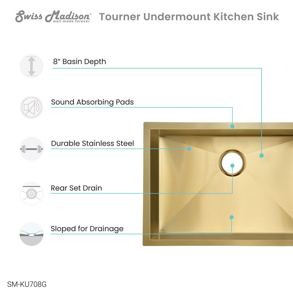 Tourner 26 x 18 Stainless Steel, Single Basin, Undermount Kitchen Sink, Gold. Picture 4