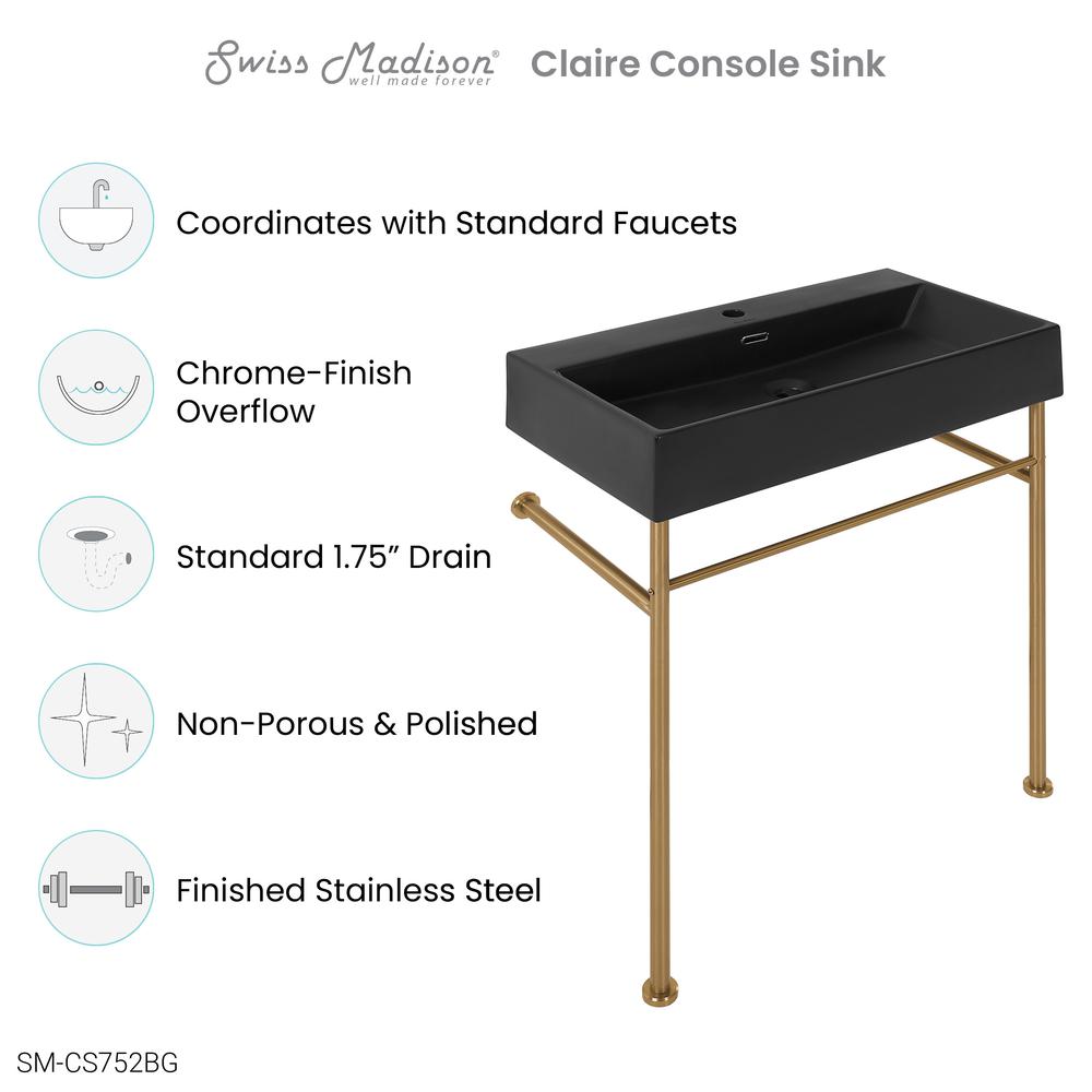 Claire 30 Ceramic Console Sink Matte Black Basin Brushed Gold Legs. Picture 8