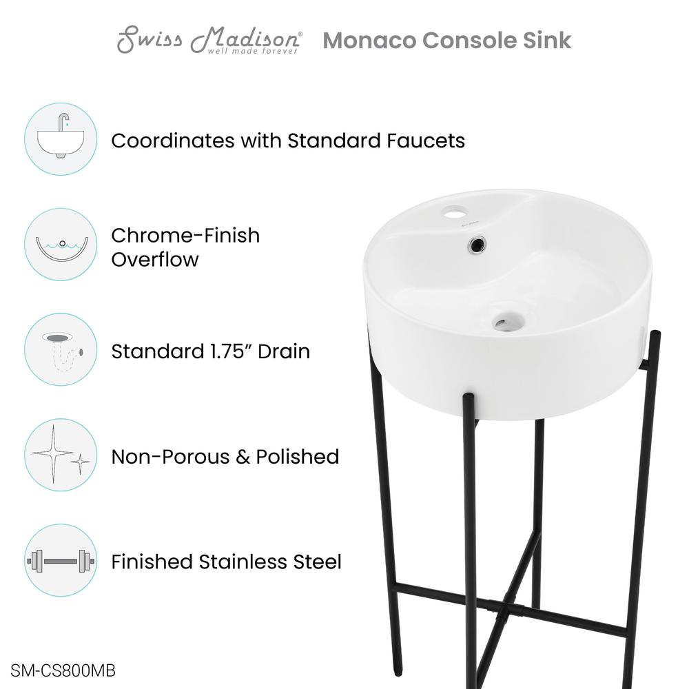 Round Console Sink with Faucet Mount, White Basin Matte Black Legs. Picture 10