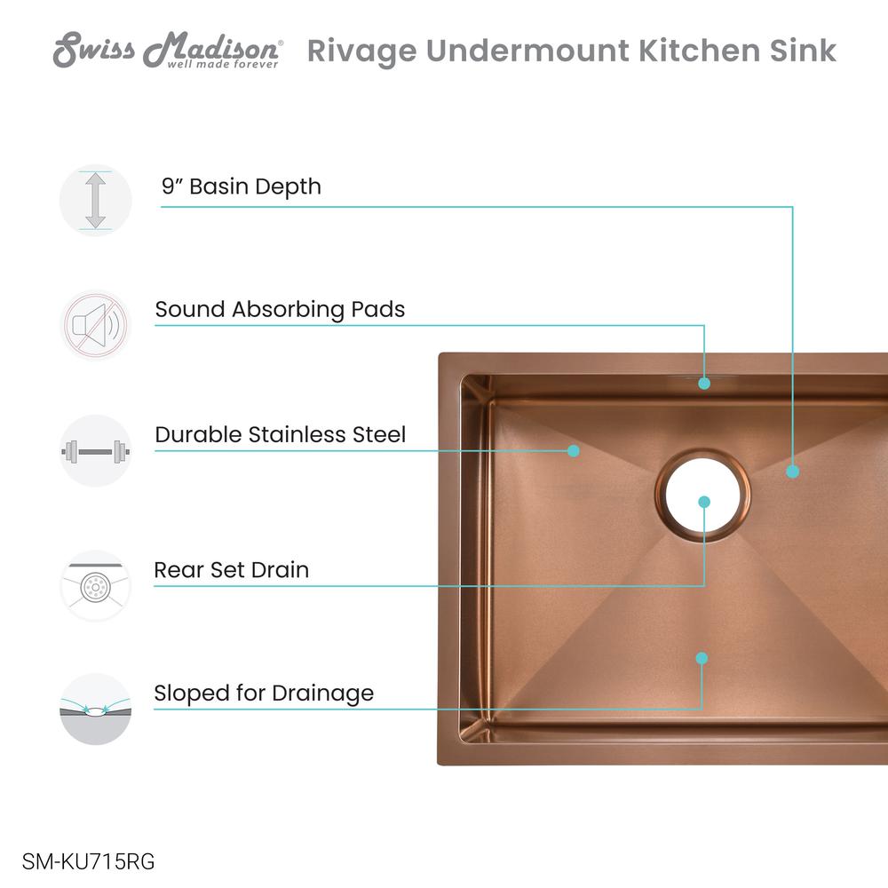 Stainless Steel, Single Basin, Undermount Kitchen Sink, Rose Gold. Picture 4