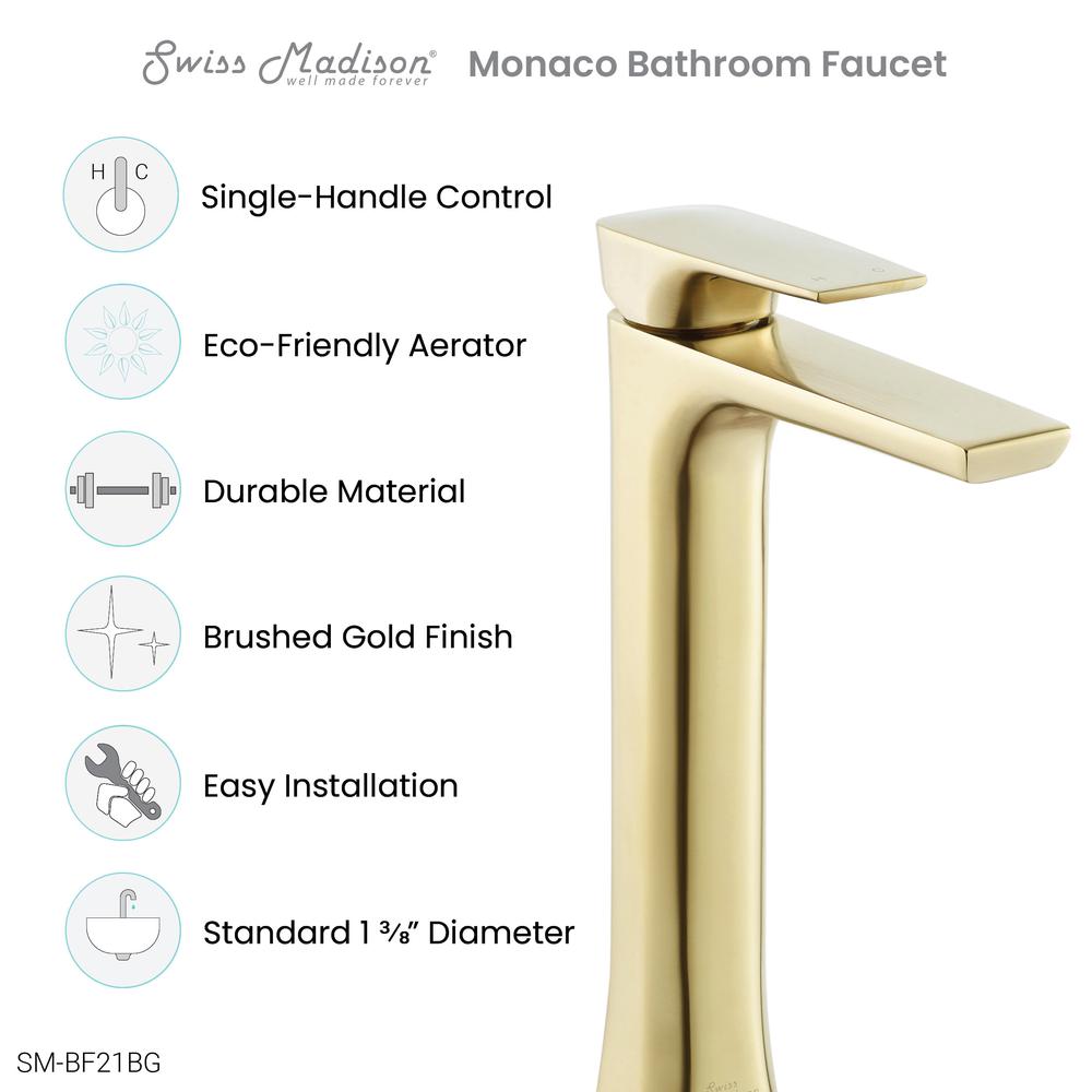 Monaco Single Hole, Single-Handle, High Arc Bathroom Faucet in Brushed Gold. Picture 7