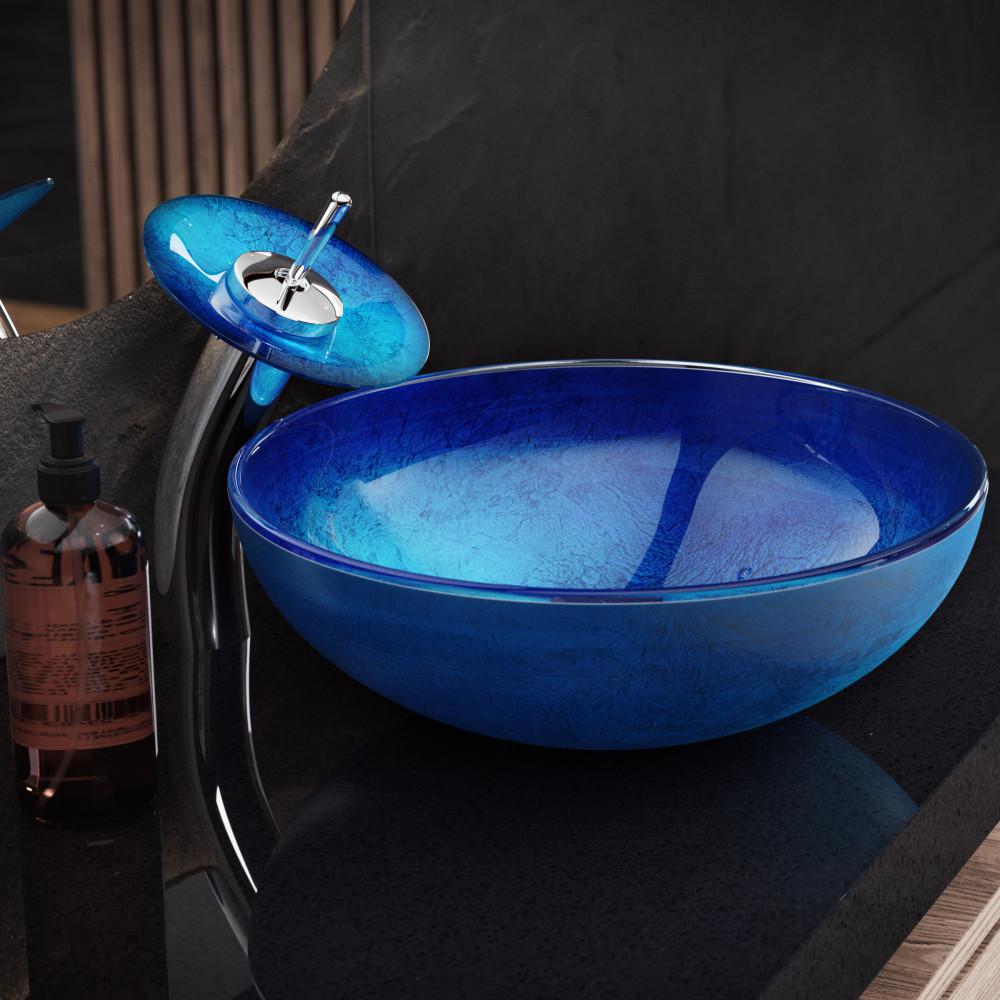 Cascade 16.5 Glass Vessel Sink with Faucet, Ocean Blue. Picture 2