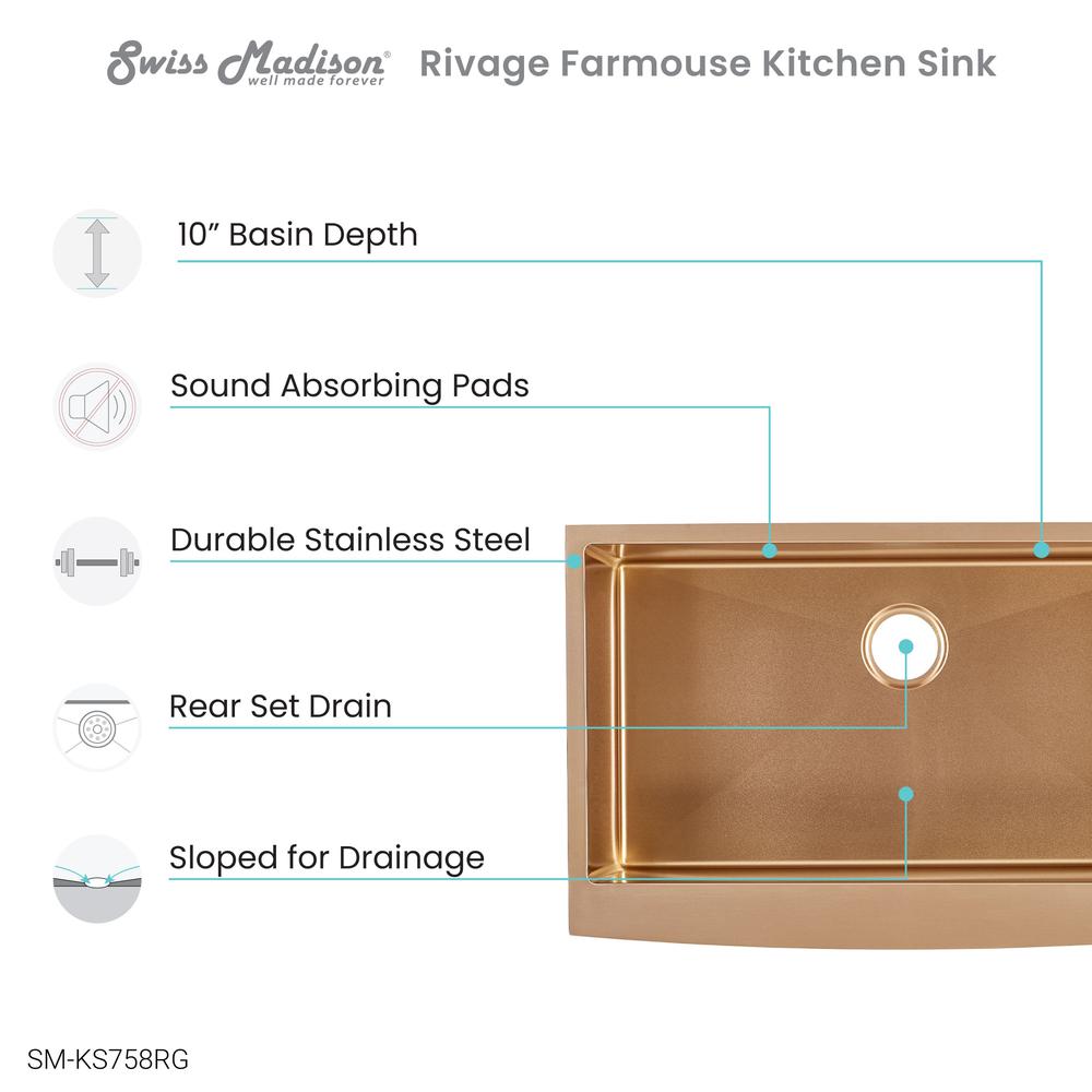 Stainless Steel, Single Basin, Farmhouse Kitchen Sink with Apron in Rose Gold. Picture 3