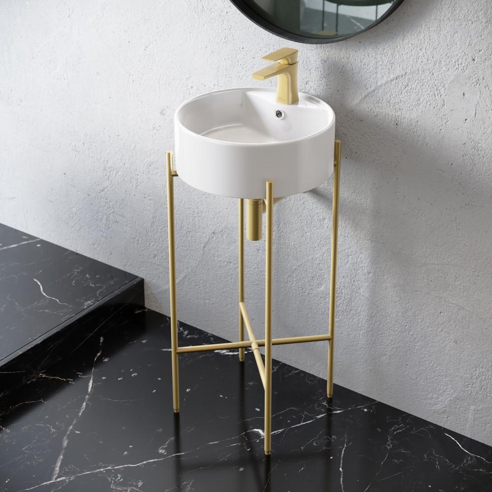 15.75" Round Console Sink with Faucet Mount, White Basin Brushed Gold Legs. Picture 2
