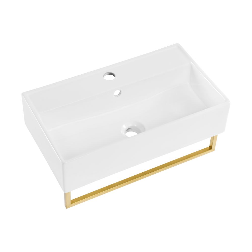 ﻿﻿Claire 22" Wall-Mount Bathroom Sink with Brushed Gold Towel Bar. Picture 2