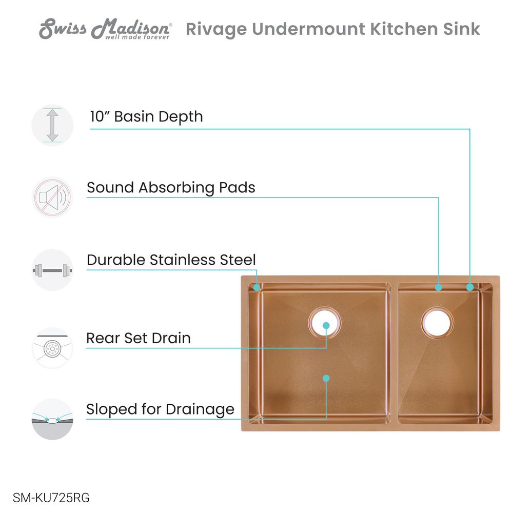 Stainless Steel, Dual Basin, Undermount Kitchen Sink in Rose Gold. Picture 4