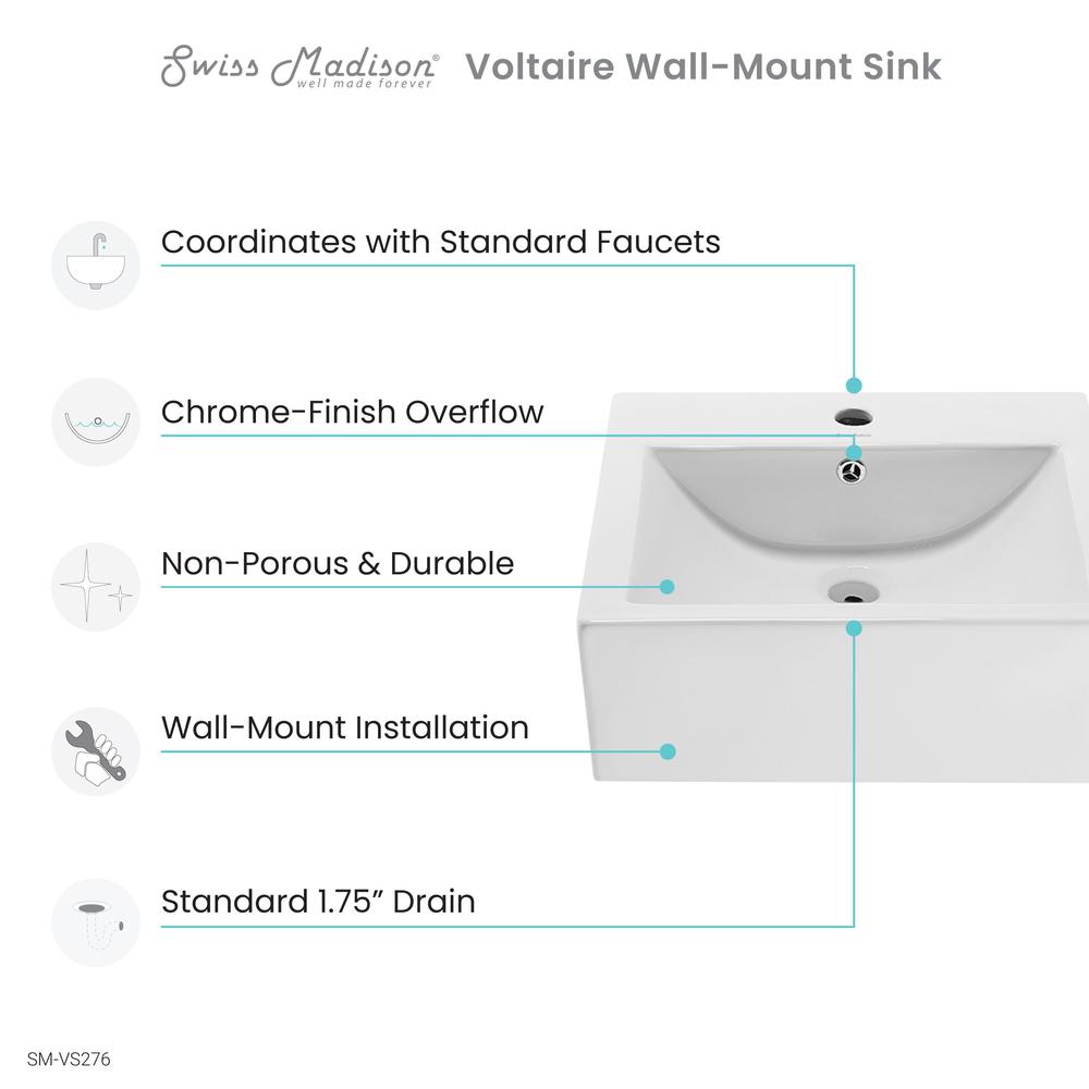 Voltaire 18 Square Ceramic Wall Mount Sink. Picture 8