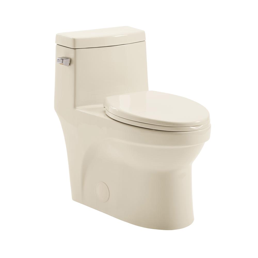 Virage One Piece Elongated Left Side Flush Handle Toilet 1.28 gpf in Bisque. Picture 1