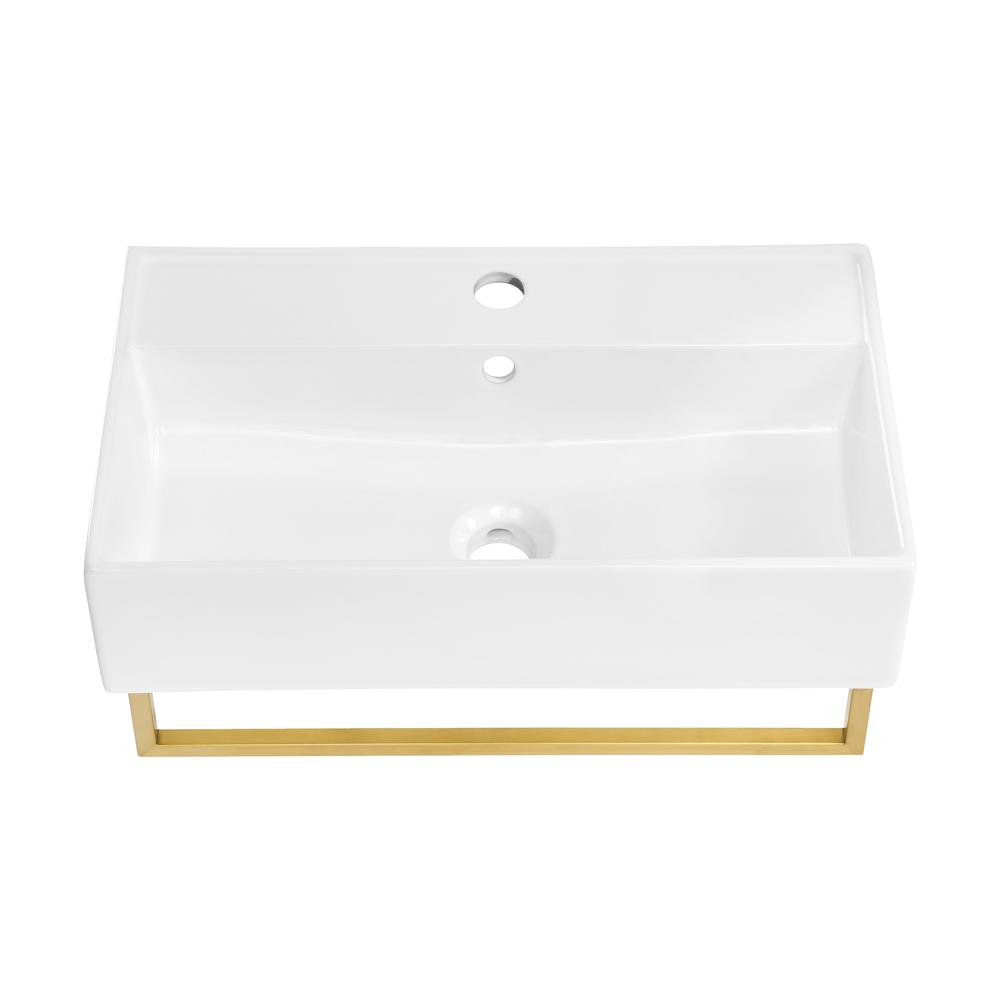 ﻿﻿Claire 22" Wall-Mount Bathroom Sink with Brushed Gold Towel Bar. Picture 1
