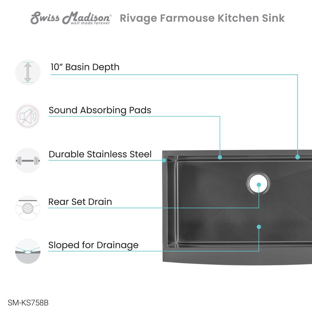 Stainless Steel, Single Basin, Farmhouse Kitchen Sink with Apron in Black. Picture 3