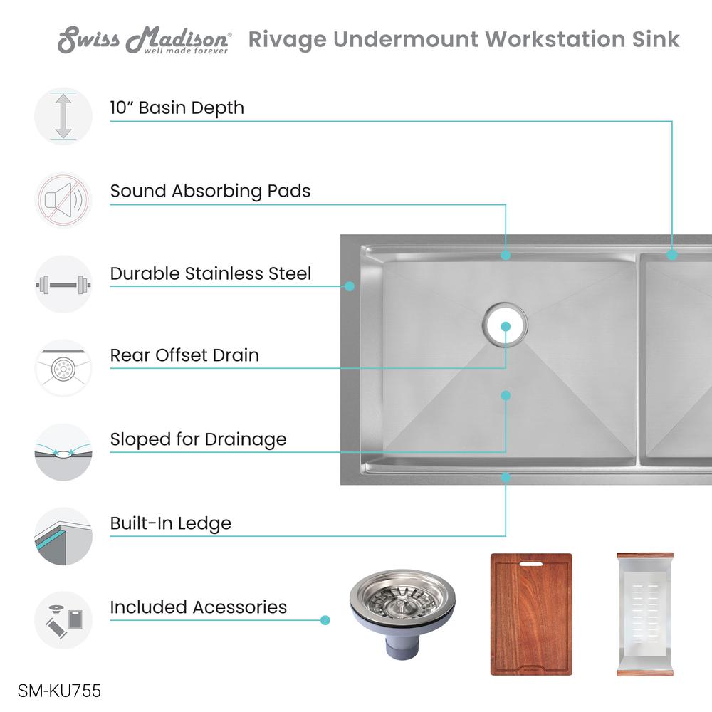 Rivage 45 x 19 Dual Basin Undermount Kitchen Workstation Sink. Picture 9