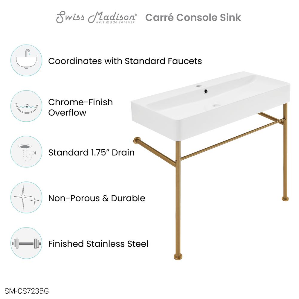 Carre 36 Ceramic Console Sink White Basin Brushed Gold Legs. Picture 8