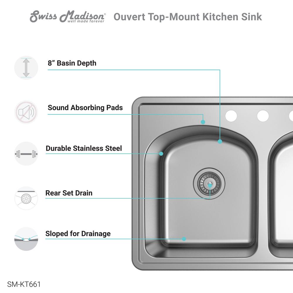 Ouvert 33 x 22 Stainless Steel, Dual Basin, Top-Mount Kitchen Sink. Picture 3