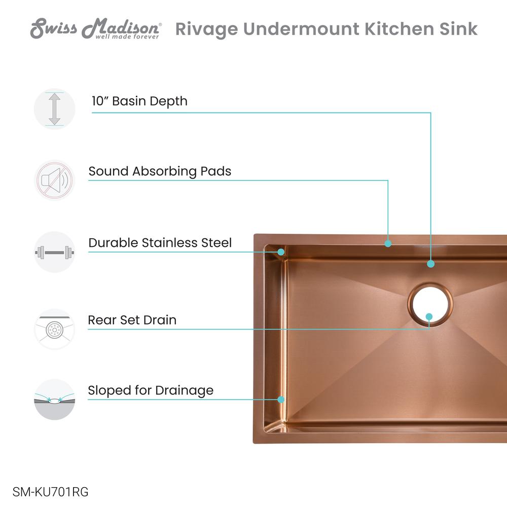 Stainless Steel, Single Basin, Undermount Kitchen Sink, Rose Gold. Picture 3