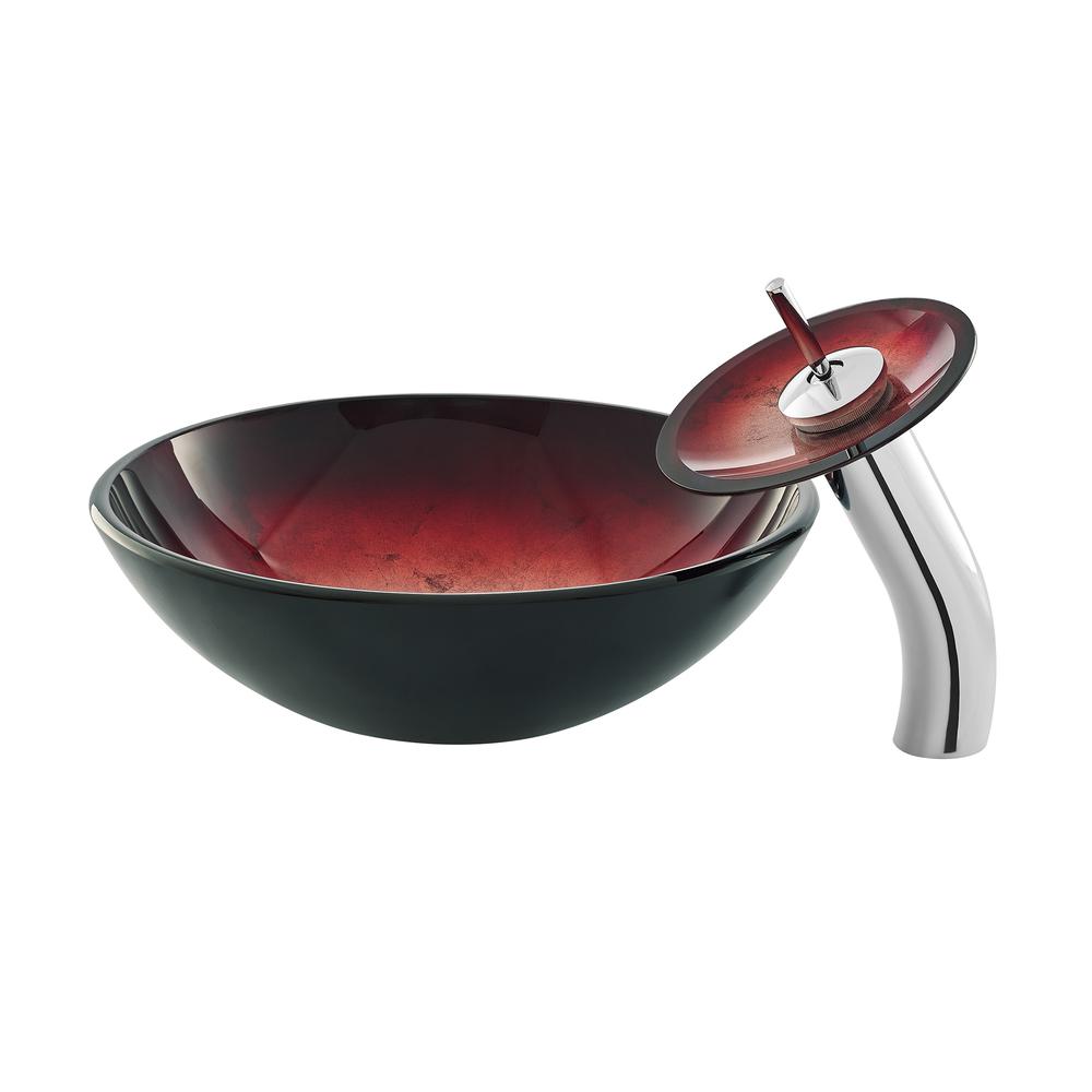 Cascade 16.5 Glass Vessel Sink with Faucet, Ember Red. Picture 1