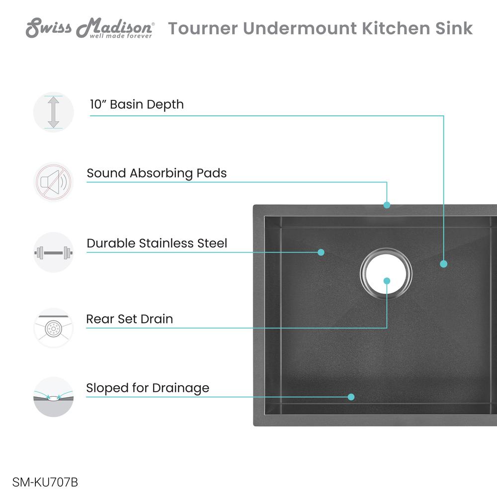 Tourner 21 x 18 Stainless Steel, Single Basin, Undermount Kitchen Sink,Black. Picture 4