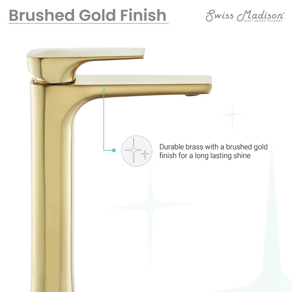 Monaco Single Hole, Single-Handle, High Arc Bathroom Faucet in Brushed Gold. Picture 9