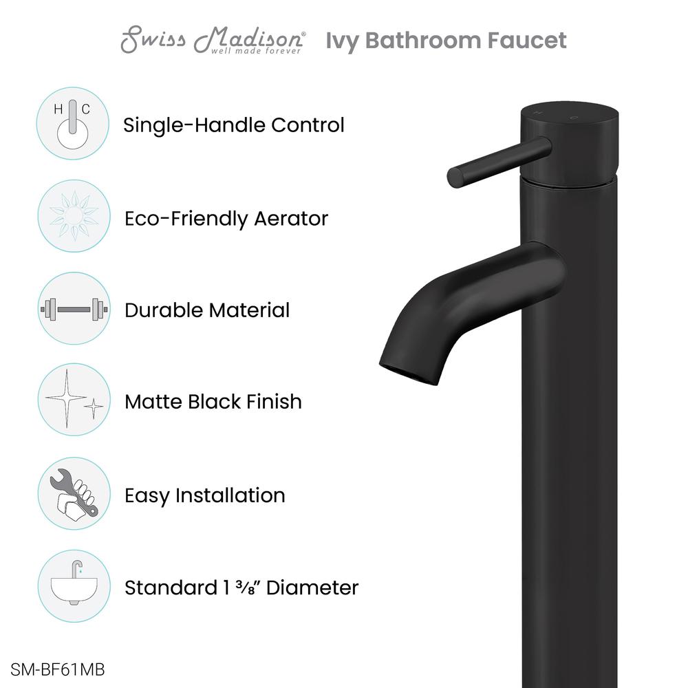 Ivy Single Hole, Single-Handle, High Arc Bathroom Faucet in Matte Black. Picture 8