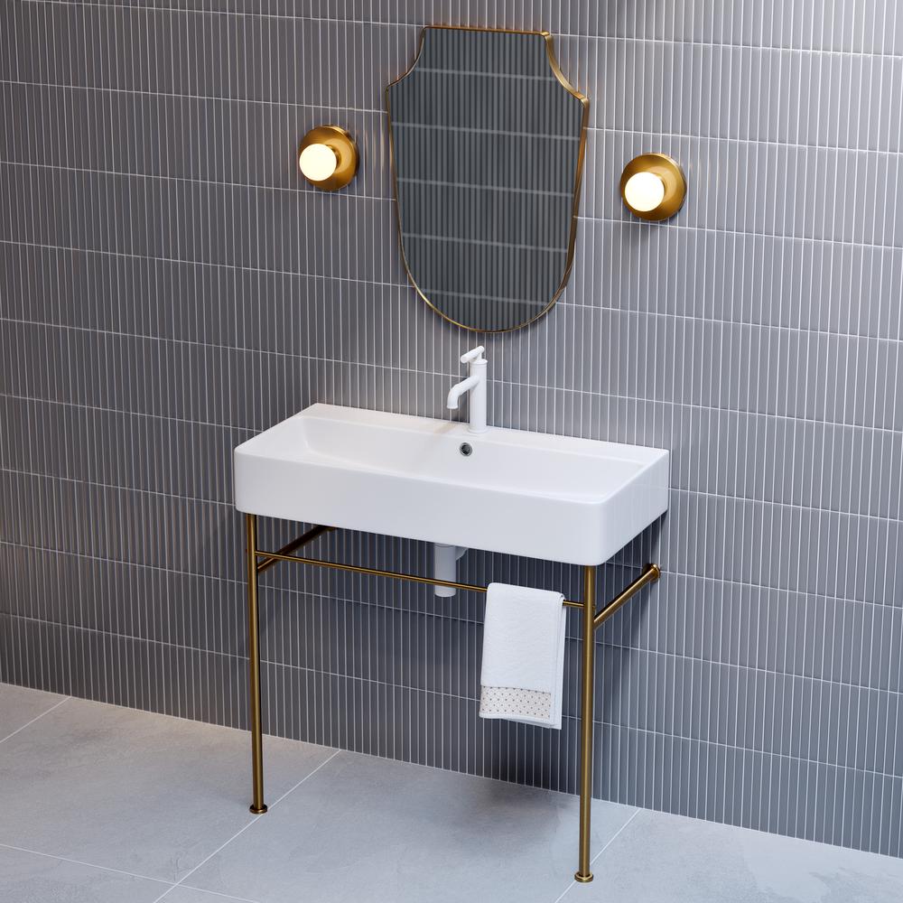 Carre 36 Ceramic Console Sink White Basin Brushed Gold Legs. Picture 16