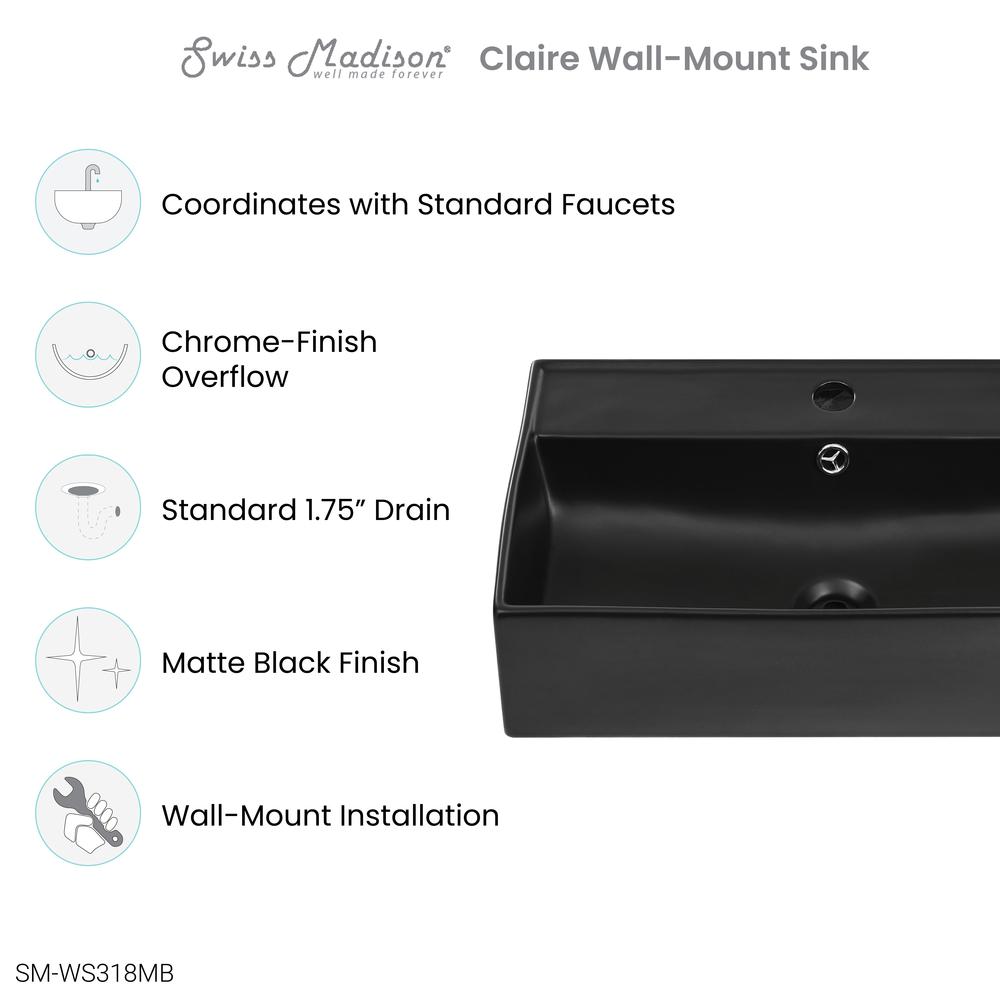 Claire 22" Rectangle Wall-Mount Bathroom Sink in Matte Black. Picture 7