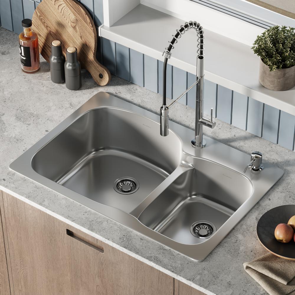 Ouvert 33 x 22 Stainless Steel, Dual Basin, Top-Mount Kitchen Sink. Picture 17
