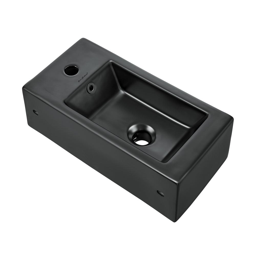Rectangular Ceramic Wall Hung Sink with Right Side Faucet Mount, Matte Black. Picture 3