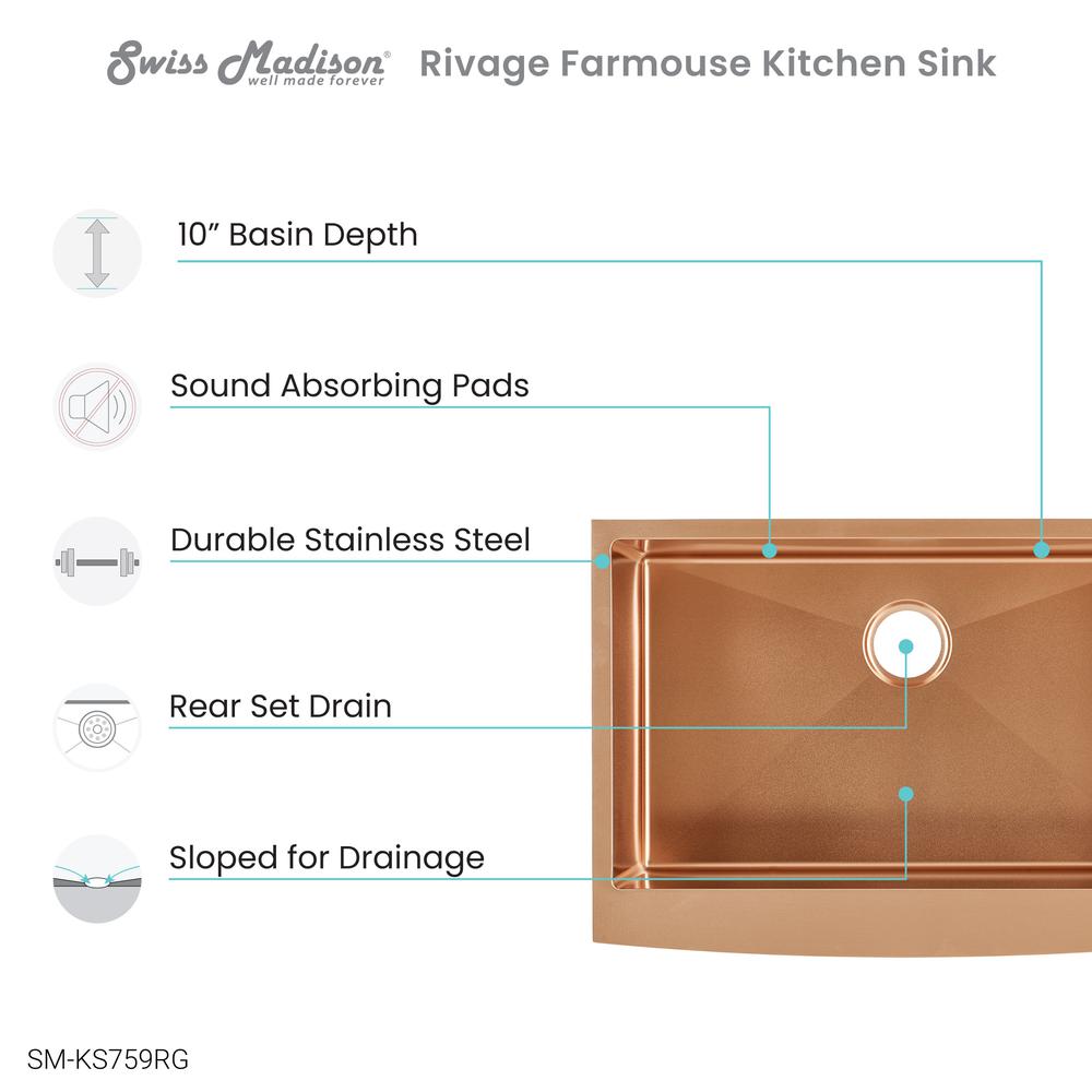 Stainless Steel, Single Basin, Farmhouse Kitchen Sink with Apron in Rose Gold. Picture 4