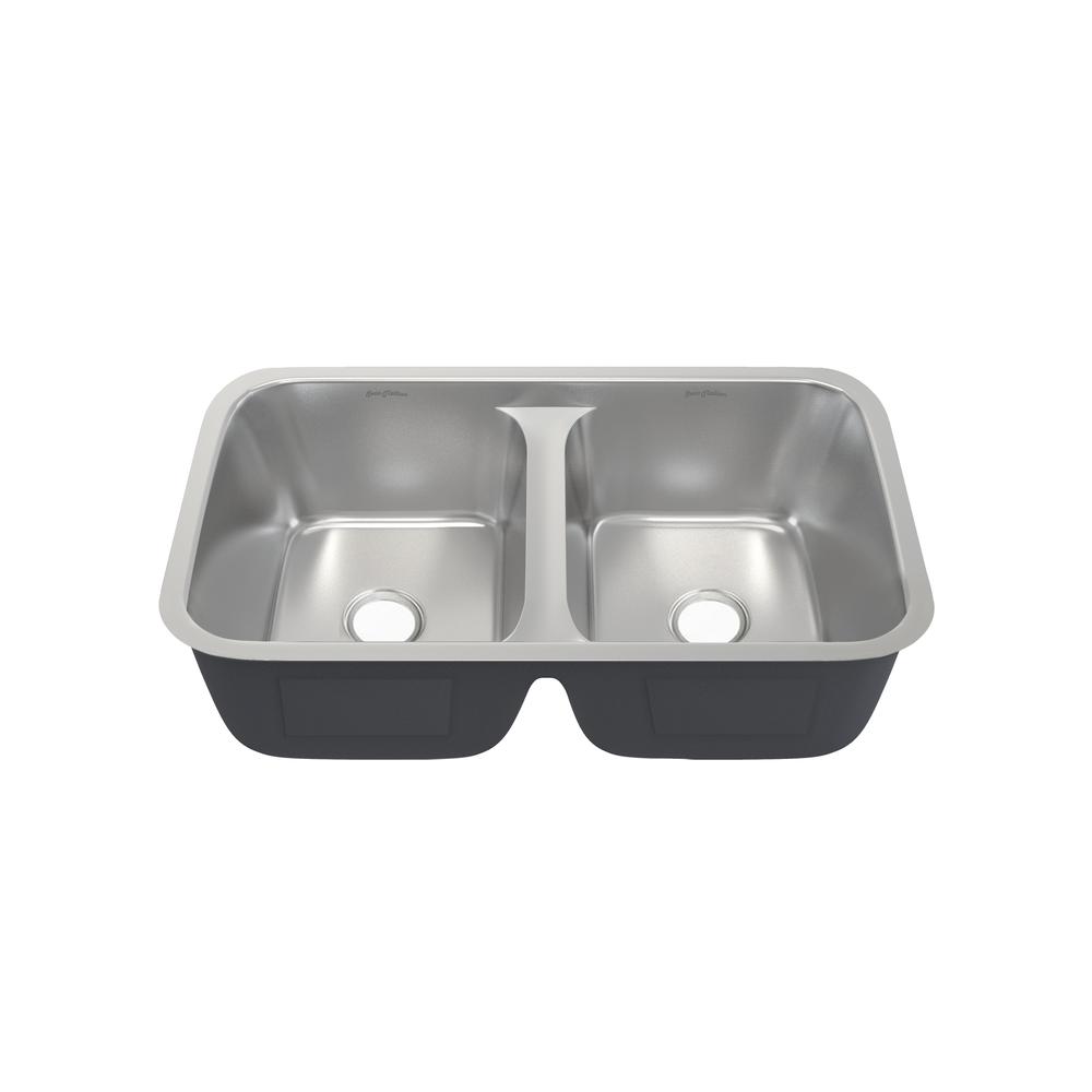 Low Divide Stainless Steel, Dual Basin, Under-Mount Kitchen Sink. Picture 2