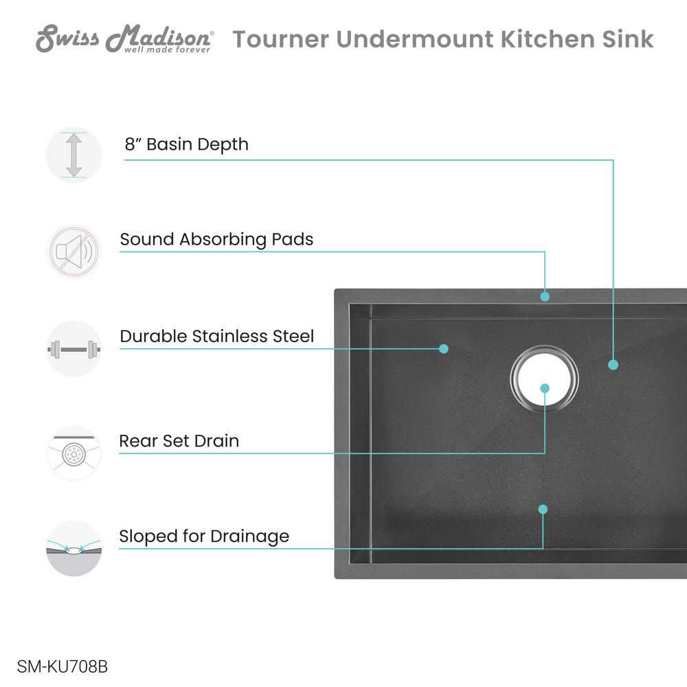 Tourner 26 x 18 Stainless Steel, Single Basin, Undermount Kitchen Sink, Black. Picture 3