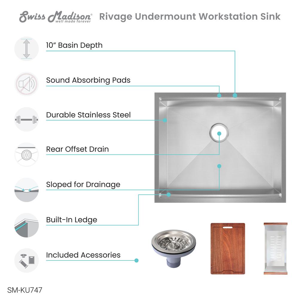 Rivage 27 x 19 Single Basin Undermount Kitchen Workstation Sink. Picture 9