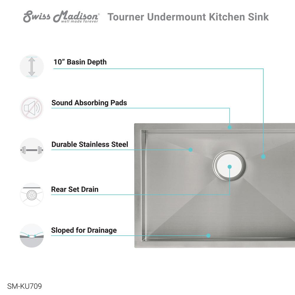 Tourner 27 x 19 Stainless Steel, Single Basin, Undermount Kitchen Sink. Picture 4