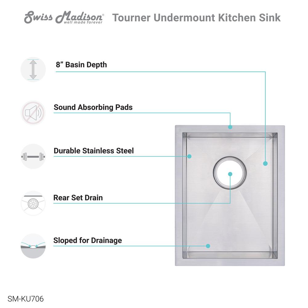 Tourner 14 x 18 Stainless Steel, Single Basin, Undermount Kitchen Sink. Picture 3