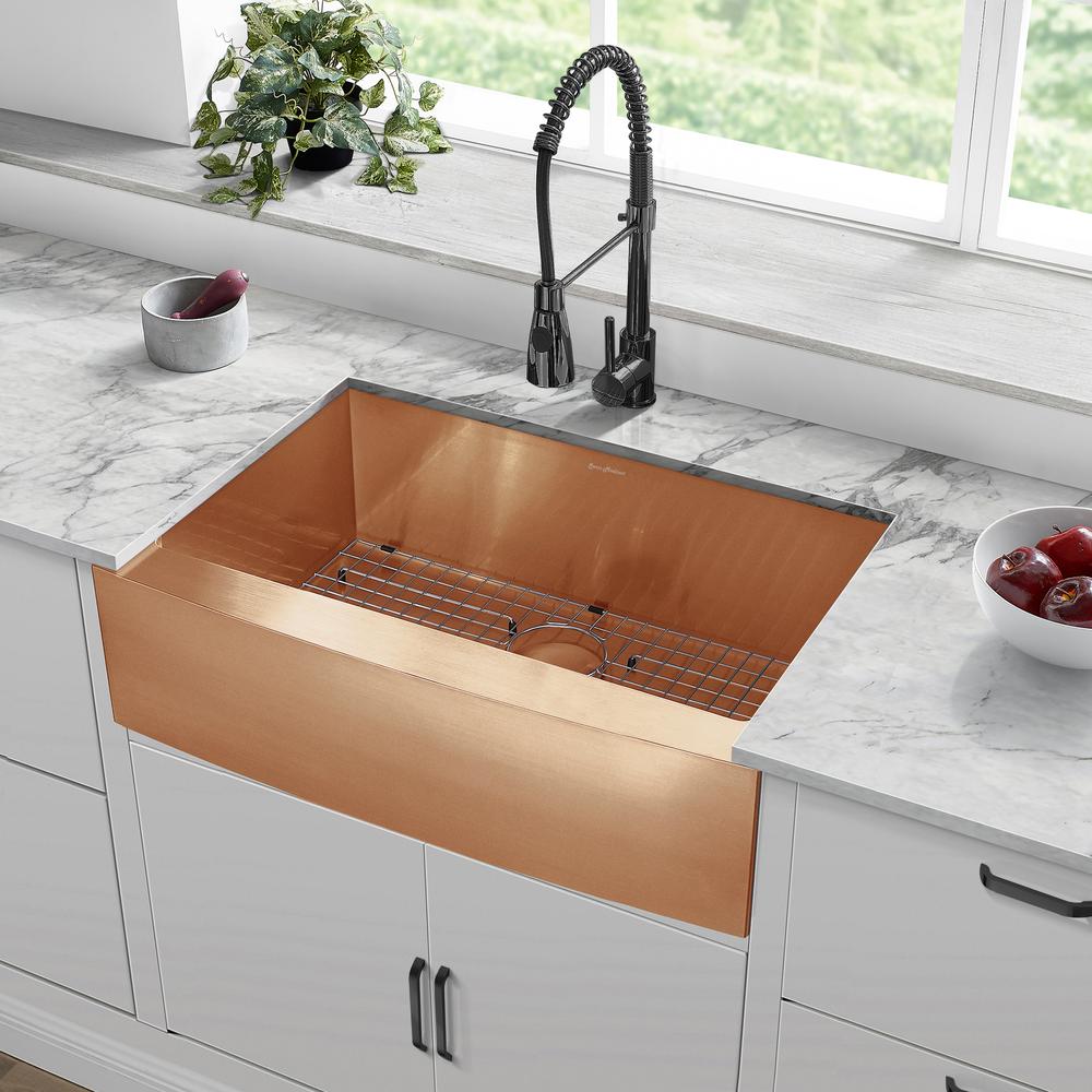 Stainless Steel, Single Basin, Farmhouse Kitchen Sink with Apron in Rose Gold. Picture 13