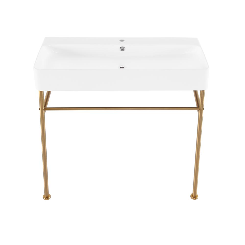 Carre 36 Ceramic Console Sink White Basin Brushed Gold Legs. Picture 1