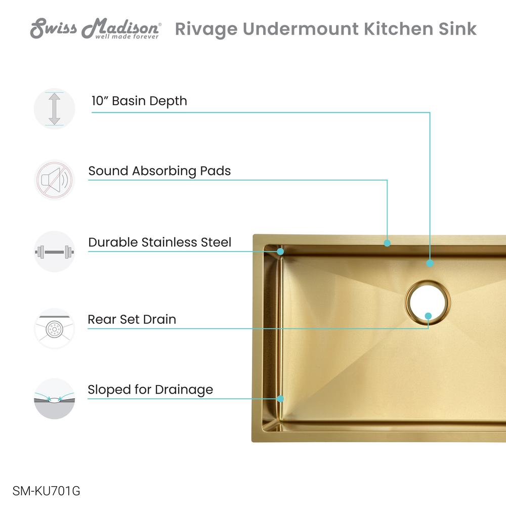 Rivage 32 x 19 Stainless Steel, Single Basin, Undermount Kitchen Sink, Gold. Picture 3
