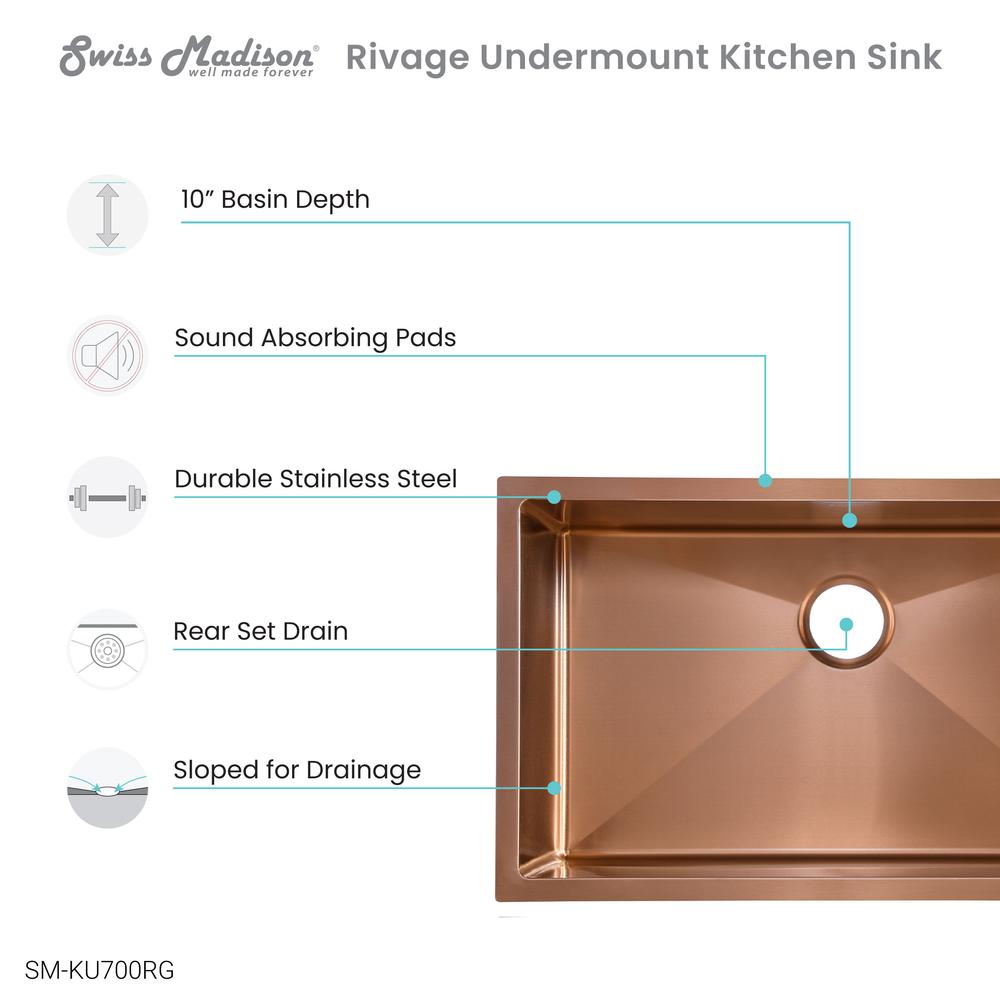 Stainless Steel, Single Basin, Undermount Kitchen Sink, Rose Gold. Picture 4