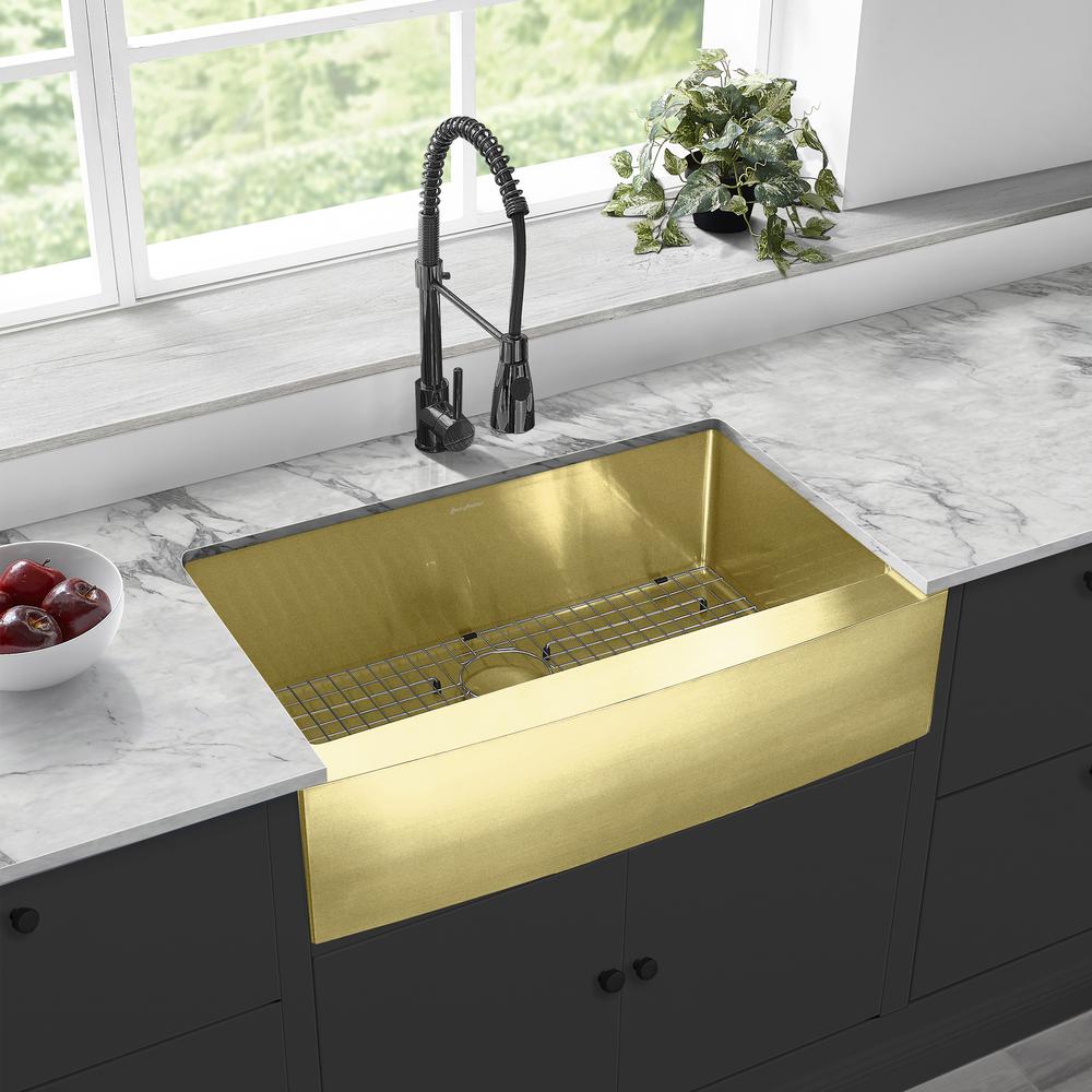 Stainless Steel, Single Basin, Farmhouse Kitchen Sink with Apron in Gold. Picture 13