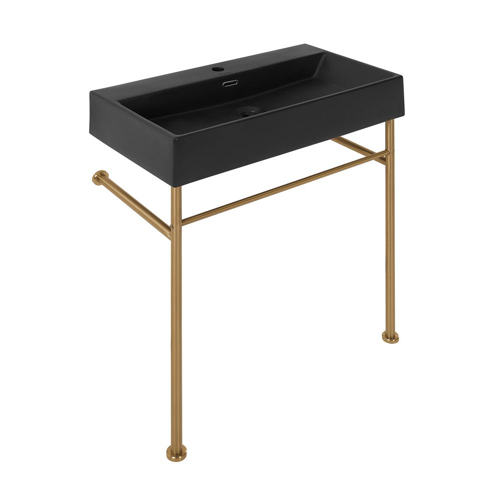 Claire 30 Ceramic Console Sink Matte Black Basin Brushed Gold Legs. Picture 1