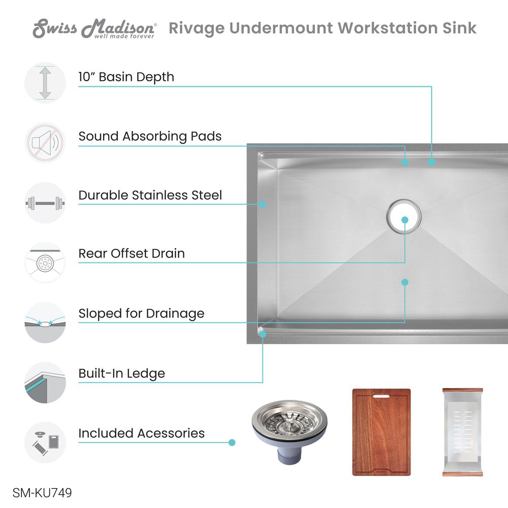 Rivage 32 x 19 Single Basin Undermount Kitchen Workstation Sink. Picture 9