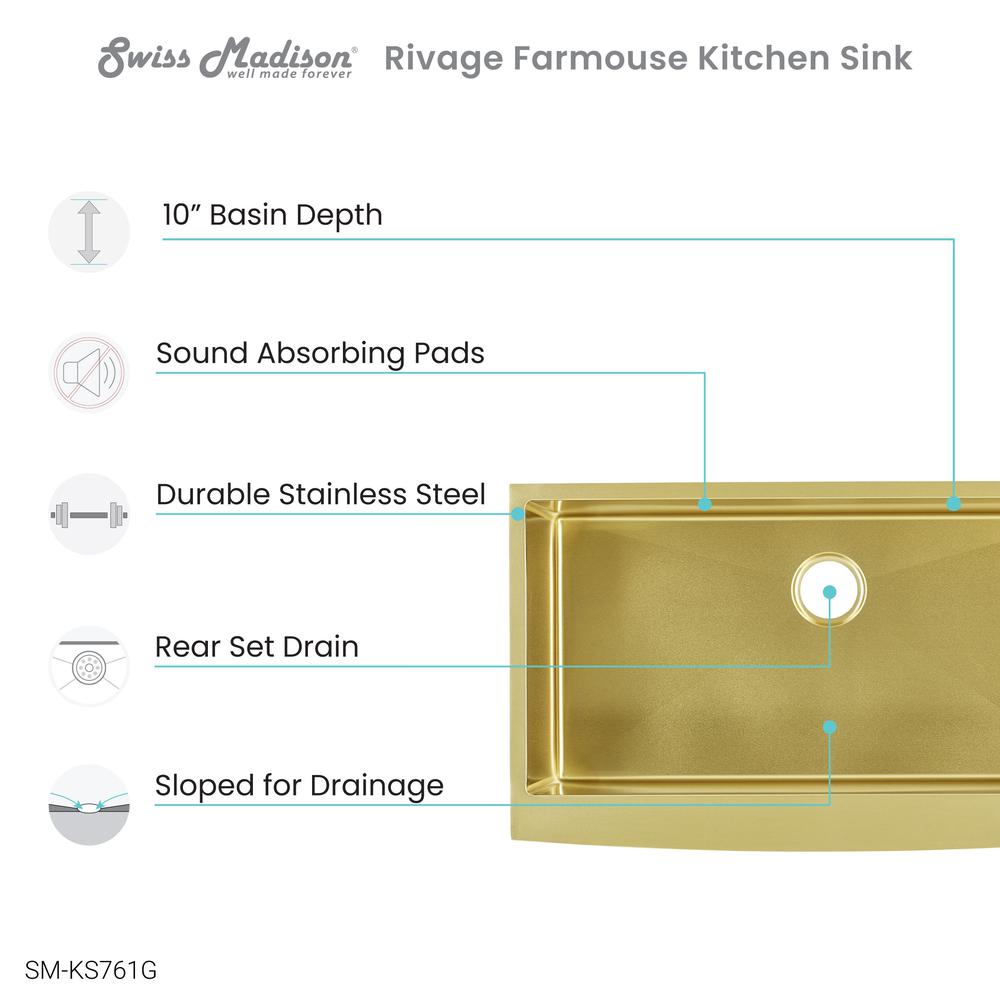 Stainless Steel, Single Basin, Farmhouse Kitchen Sink with Apron in Gold. Picture 3
