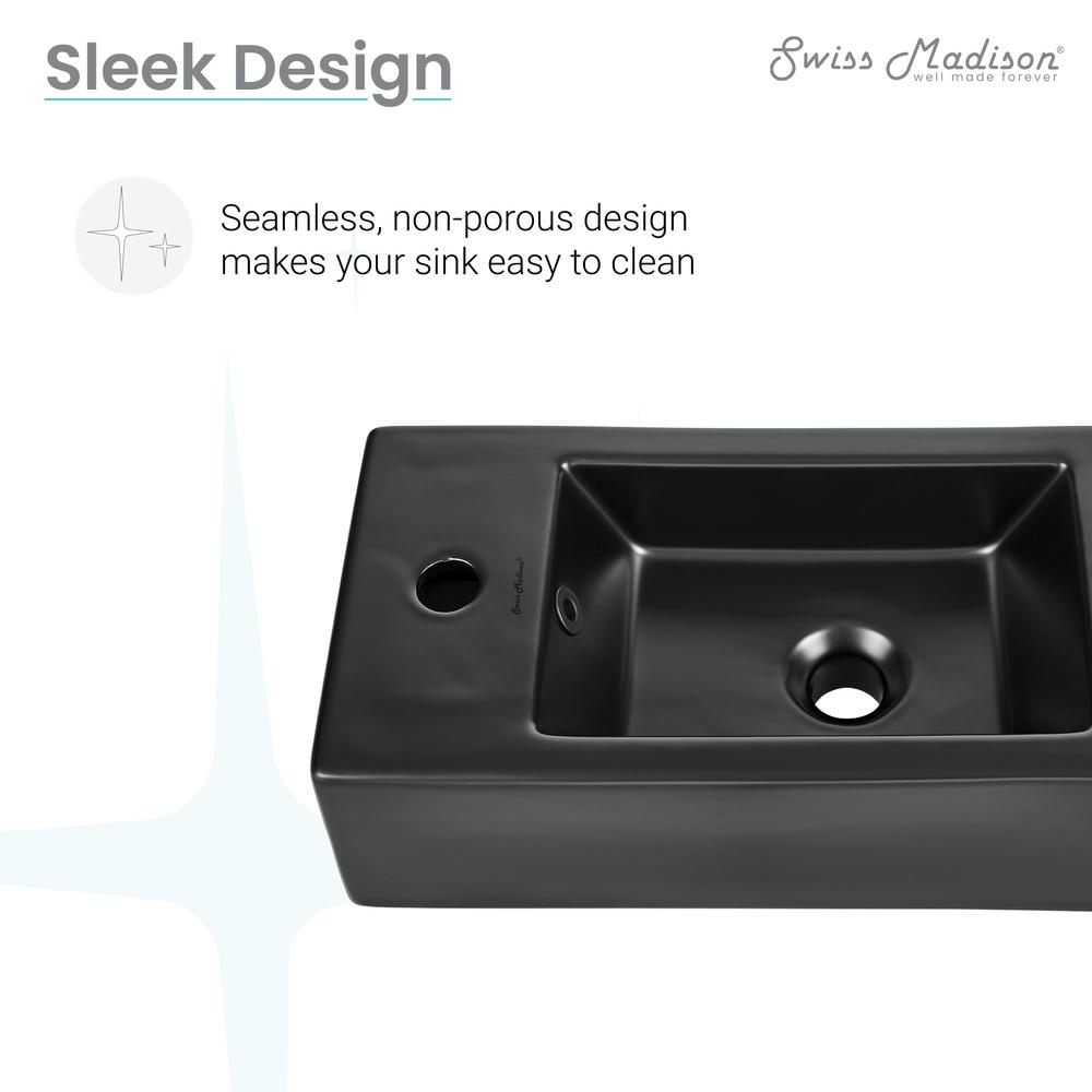 Rectangular Ceramic Wall Hung Sink with Left Side Faucet Mount, Matte Black. Picture 15