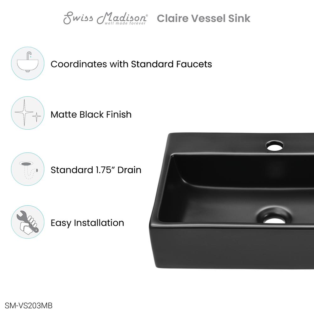 Claire 20 Rectangle Ceramic Vessel Sink, Matte Black. Picture 10