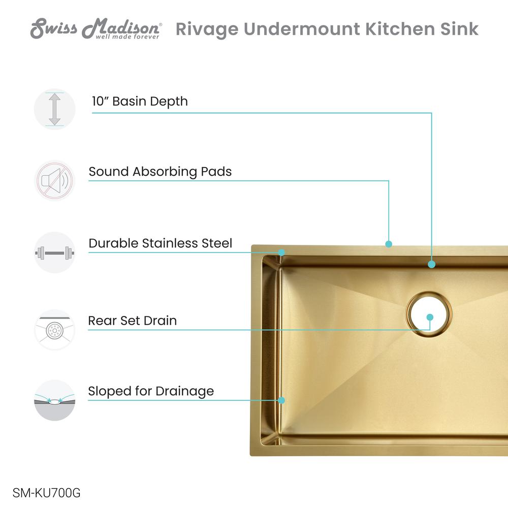 Rivage 30 x 18 Stainless Steel, Single Basin, Undermount Kitchen Sink, Gold. Picture 4