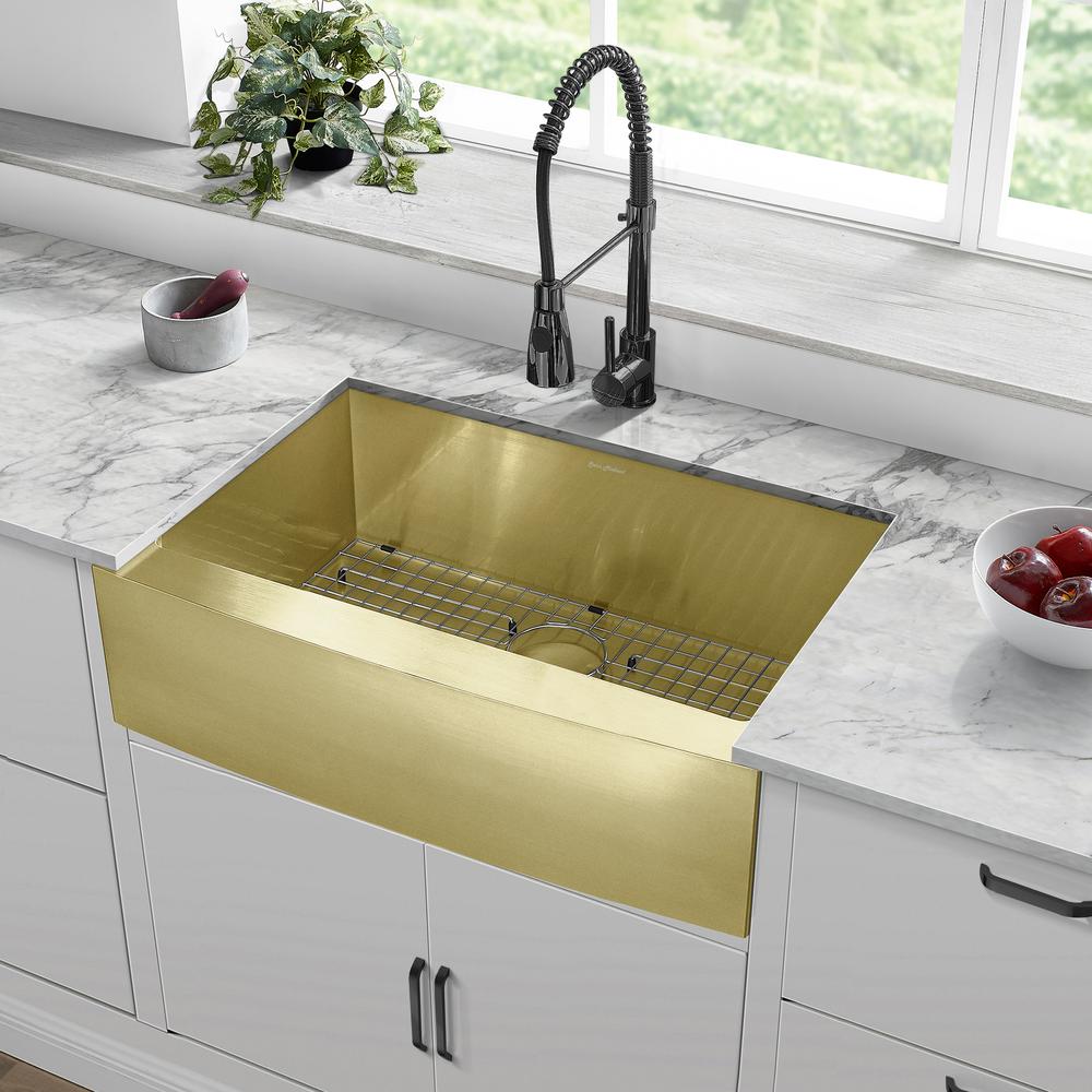 Stainless Steel, Single Basin, Farmhouse Kitchen Sink with Apron in Gold. Picture 13