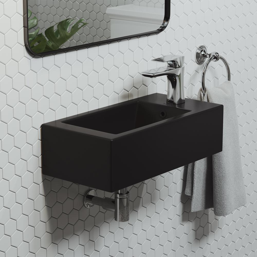 Rectangular Ceramic Wall Hung Sink with Right Side Faucet Mount, Matte Black. Picture 20