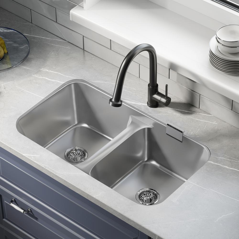Low Divide Stainless Steel, Dual Basin, Under-Mount Kitchen Sink. Picture 16