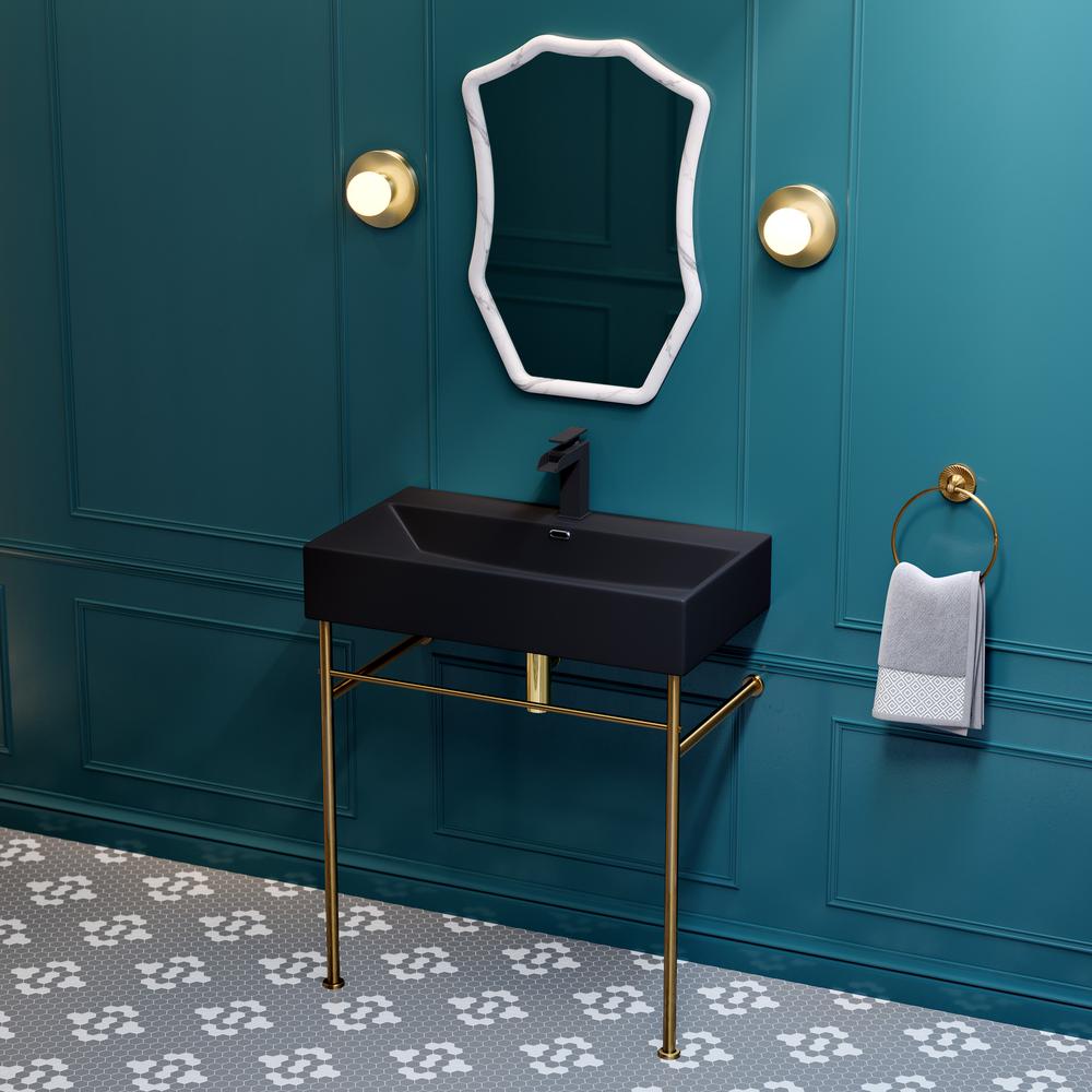 Claire 30 Ceramic Console Sink Matte Black Basin Brushed Gold Legs. Picture 16